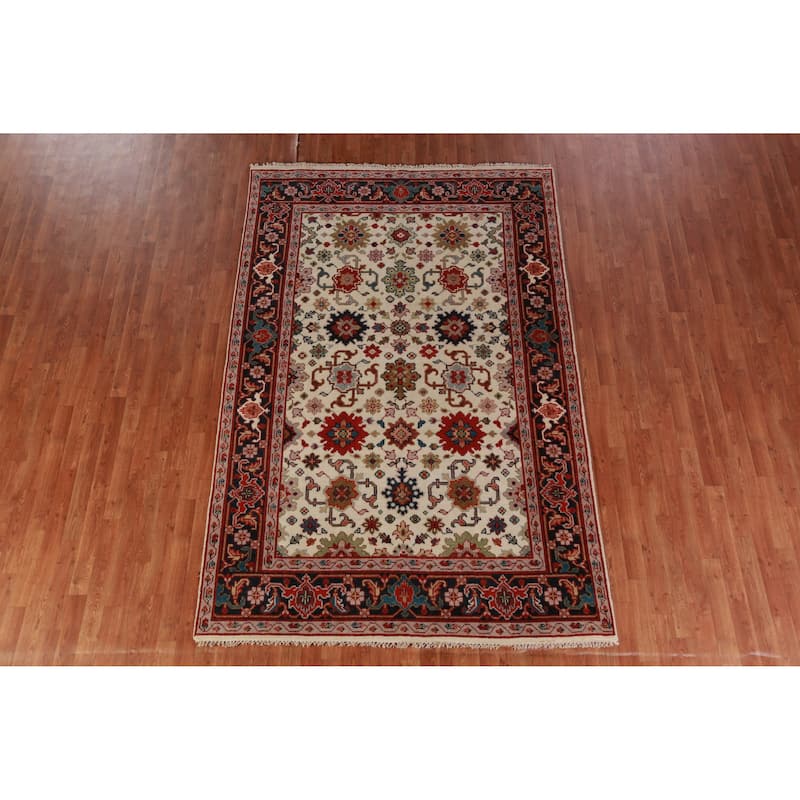 Hand Knotted Oriental 100% Wool Carpet Transitional Geometric Beige & Ivories Oushak Area Rug - 9' 1'' X 5' 11''