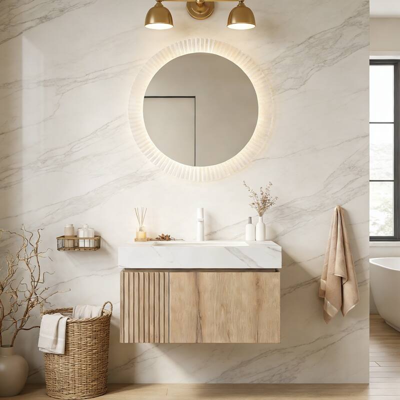 Floating Storage Bathroom Vanity with 1 Pre-drilled Faucet Hole - 30 - White Oak