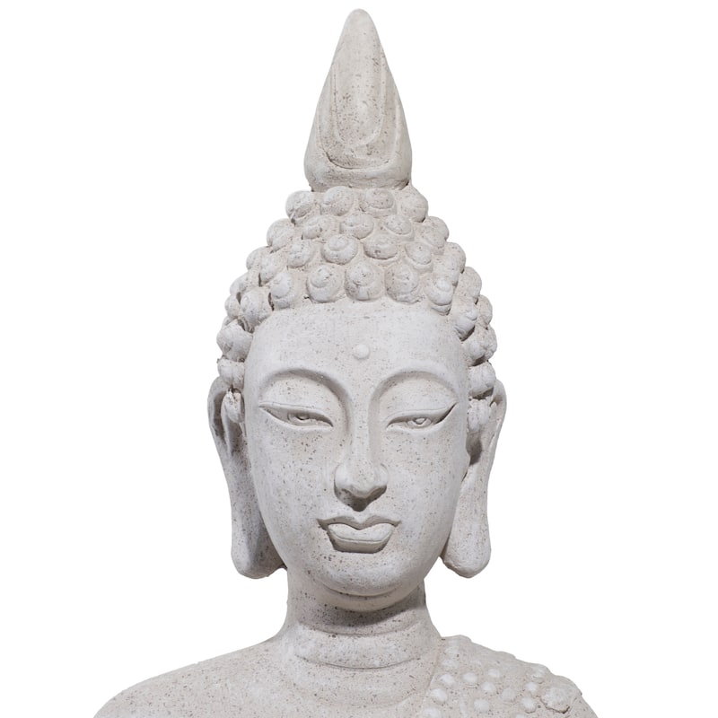 Gray Magnesium Oxide Indoor Outdoor Meditating Buddha Decorative Garden Sculpture with Floral Carvings and Beaded Details