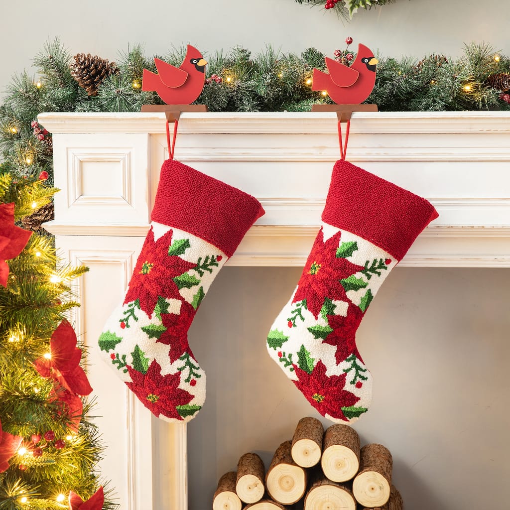 Glitzhome 21"L Poinsettia Cardinal Hooked Stocking