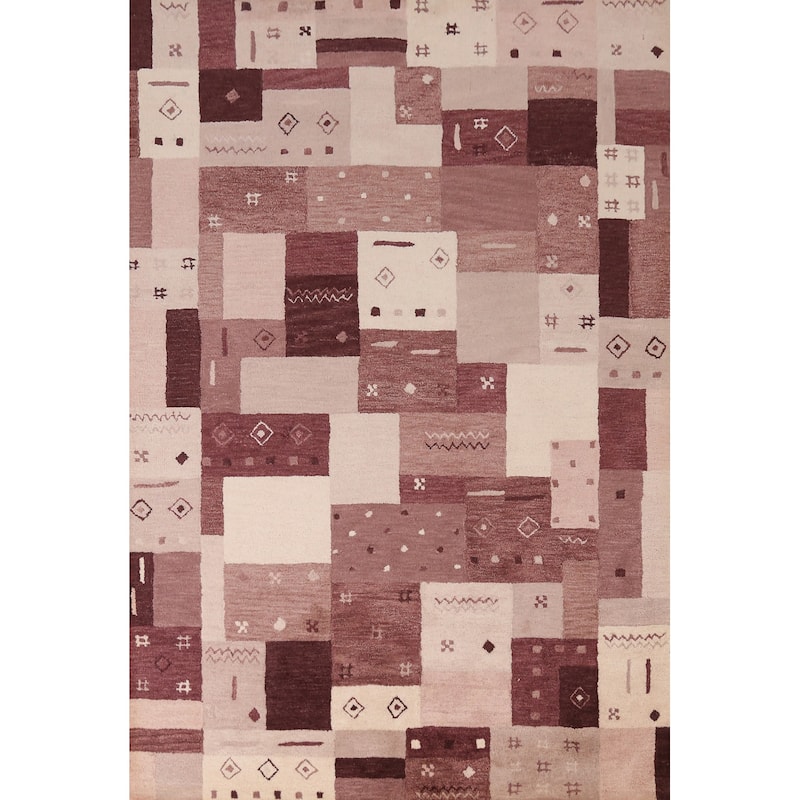 Geometric Modern Indian Area Rug Handmade Purple Wool Carpet - 5'3" x 7'7"