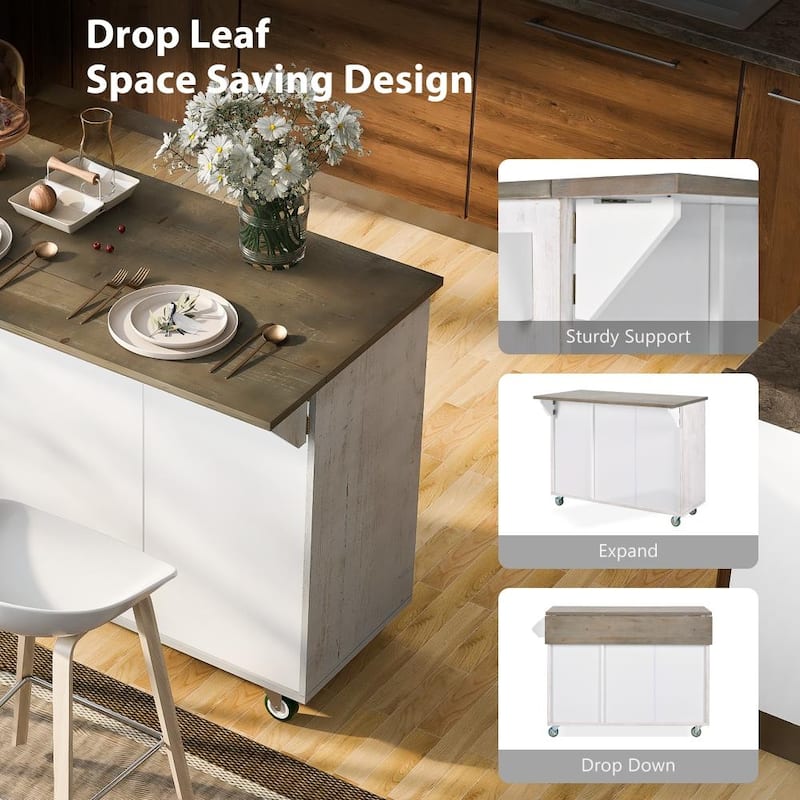 47"D Wood Kitchen Island with Drop Leaf, with Internal Storage Rack