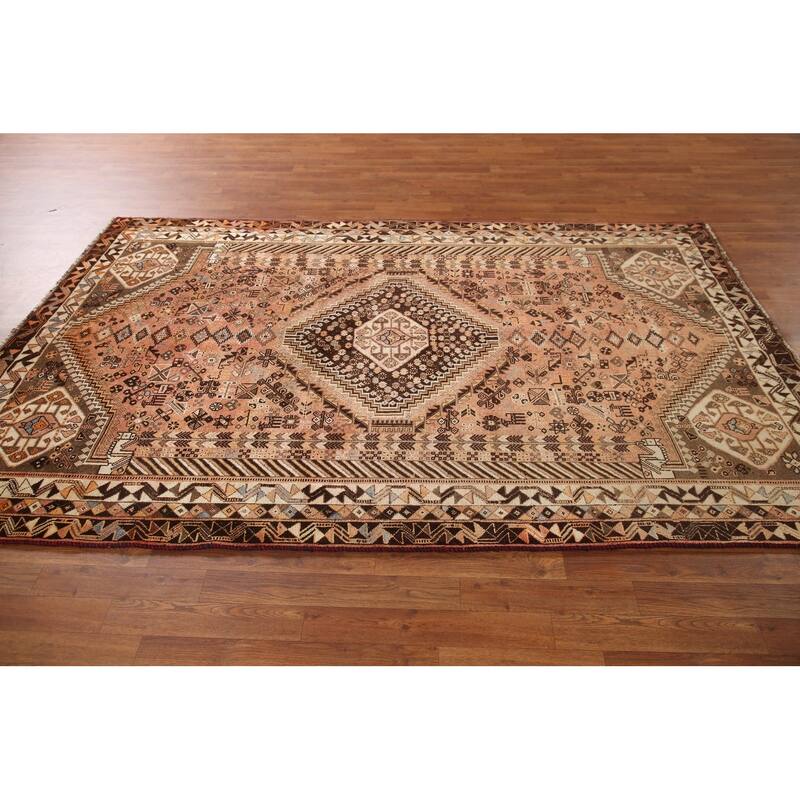 Hand Knotted Oriental 100% Wool Carpet Traditional Tribal Peach Shiraz Area Rug - 8' 7'' X 5' 6''