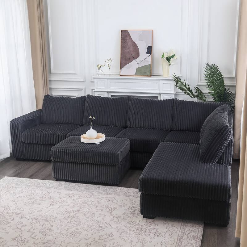 Adeco Modern L-Shape Sectional Sofa Set with Ottoman - 115.5"X81.25"X33.5" - Grey
