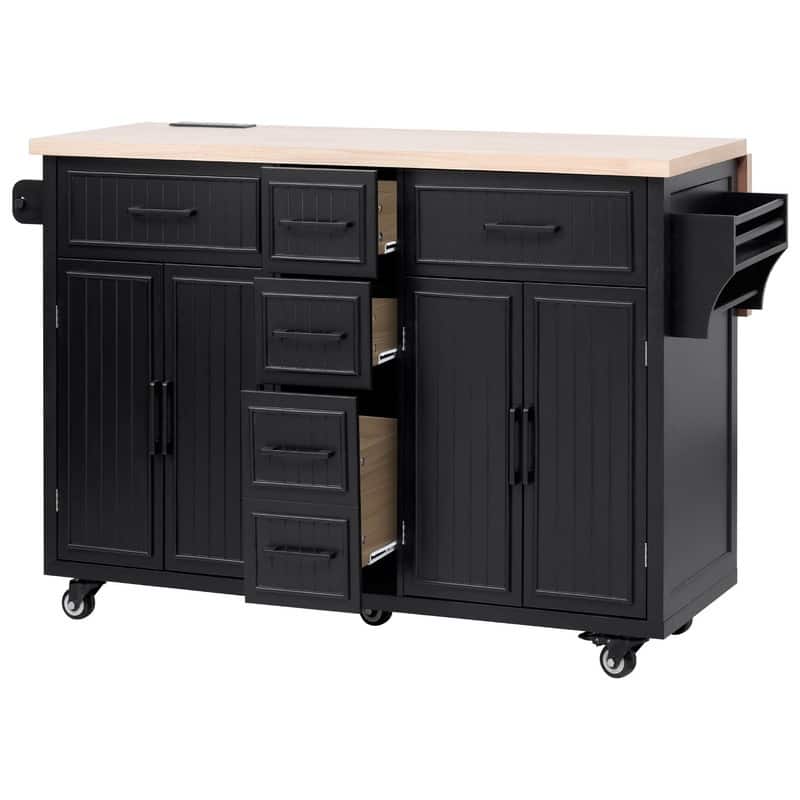 56.5" Kitchen Island with Drop Leaf and Charging Station, Rolling Kitchen Cart on Wheels with Drawers and Adjustable Shelves