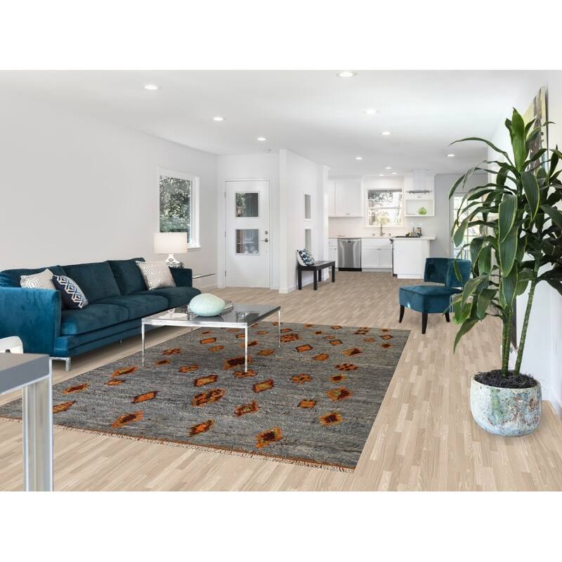 Hand Knotted Oriental 100% Wool Carpet Modern Tribal Navy Blue & Blues Moroccan Area Rug - 9' 9'' X 6' 4''