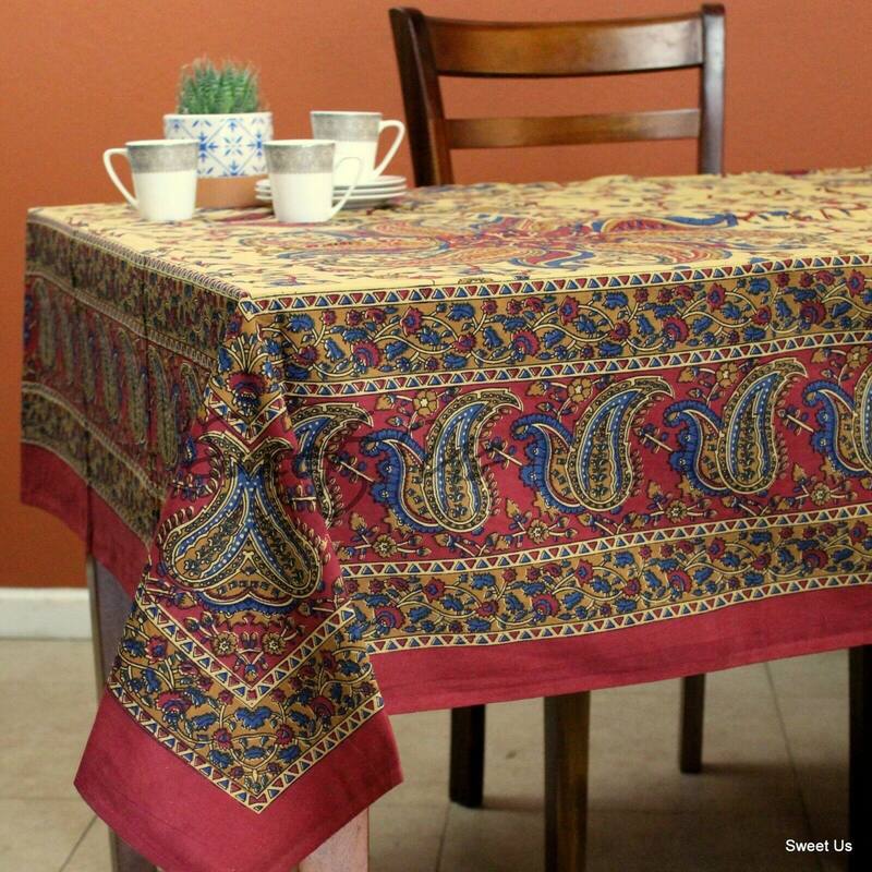 Cotton Block Print Paisley Floral Tablecloth Rectangle