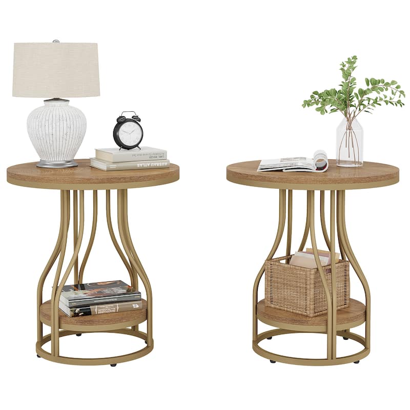 Round End Table, 2-Tier Side Tables, Modern Bedside Table, Small Chirside Tables for Couch Side