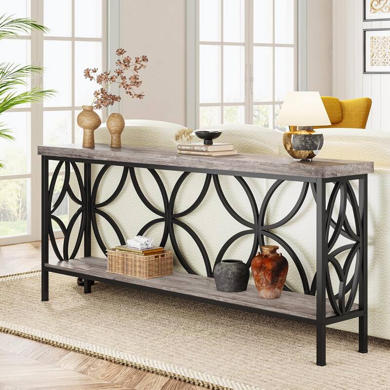 70.9 Inches Extra Long Industrial Console Table, Narrow Sofa Table Behind Couch with Open Storage Shelves, Metal Frame - Grey