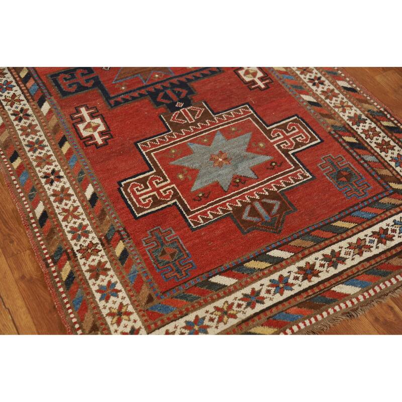 Hand Knotted Oriental 100% Wool Carpet Traditional Tribal Red Kazak Runner Rug - 13' 3'' X 3' 10''