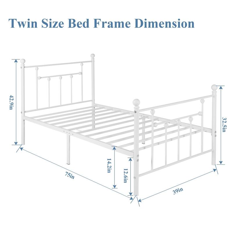 VECELO White Full Size Metal Bed Frame with Victorian Headboard Heavy Duty Bed Frame with Center Support 12.6in Underbed Storage