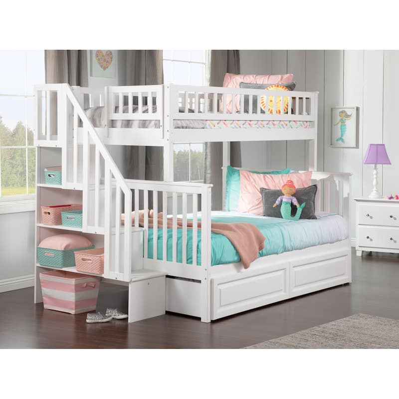 Woodland Staircase Bunk Bed Twin over Full with 2 Drawers in White