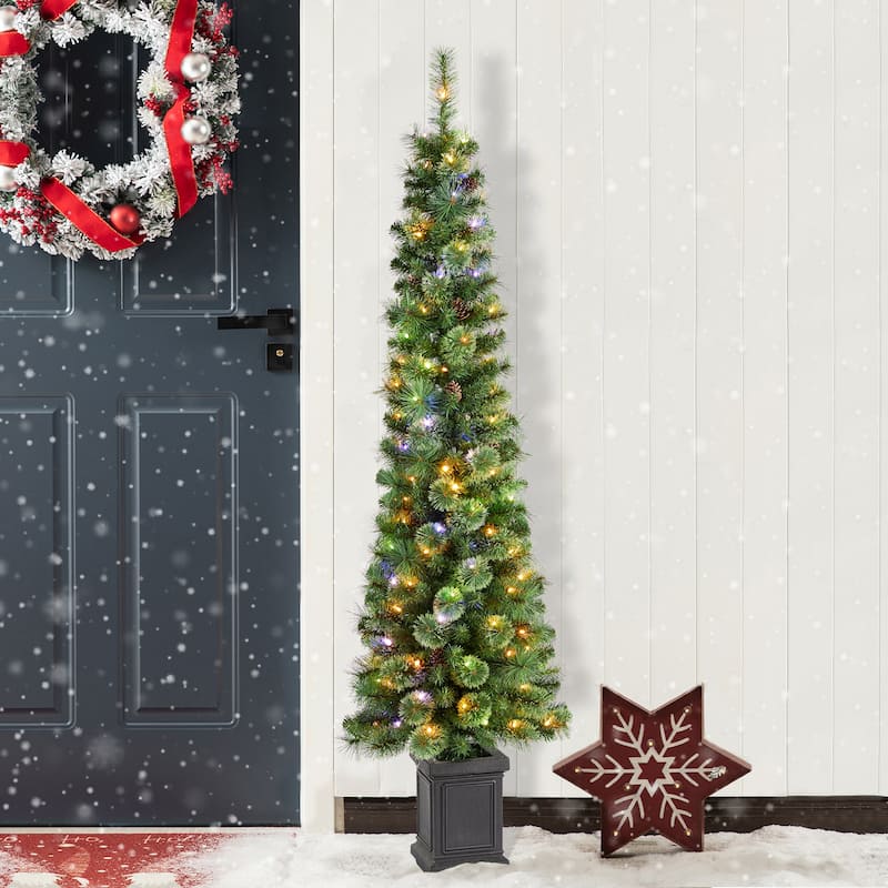 Glitzhome 5/6/7FT Pine Slim Artificial Potted Christmas Tree with LED Lights for Front Door Entryway Porch