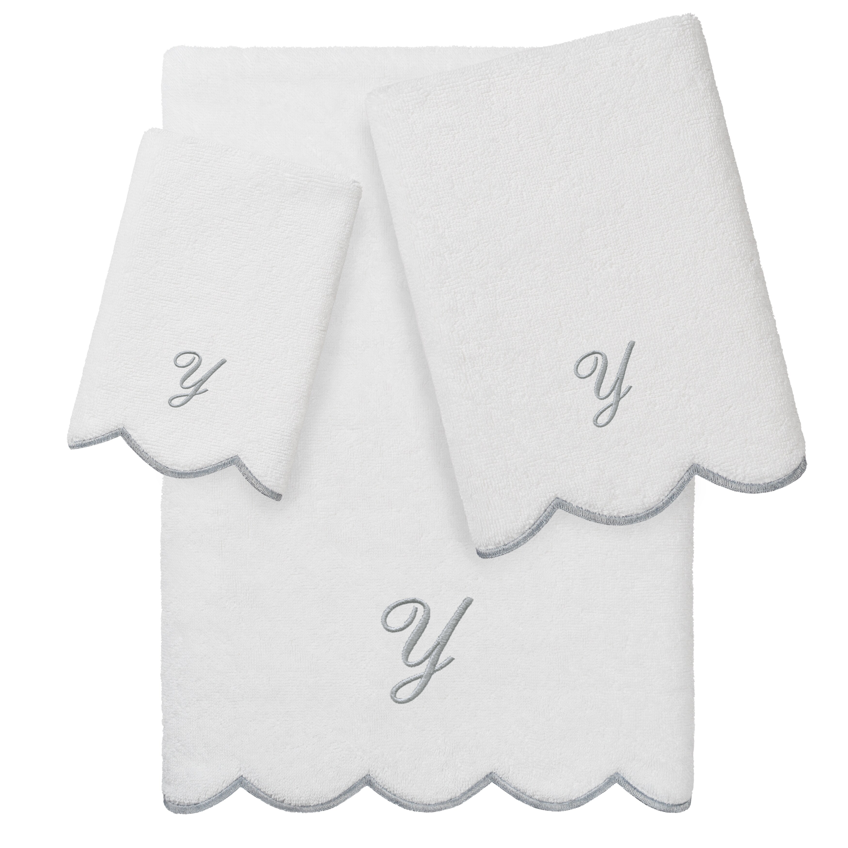 Authentic Hotel and Spa 100% Turkish Cotton Grey ADORNIA Scallop Personalized 3 Piece Towel Set - 3 Piece Set