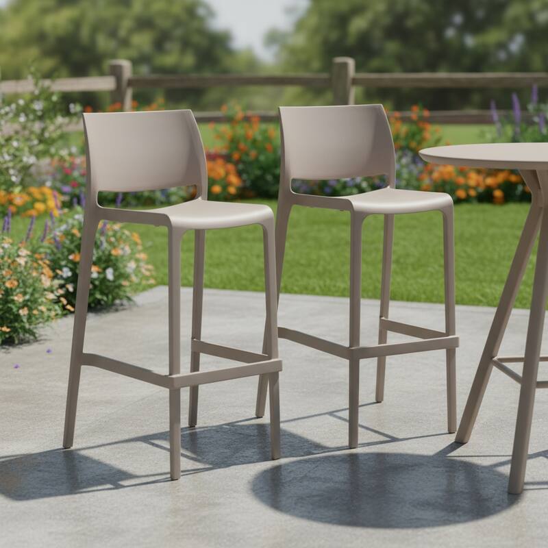 HomeRoots Set of Two 30" Taupe Heavy Duty Plastic Low Back Outdoor Bar Height Chairs - Taupe