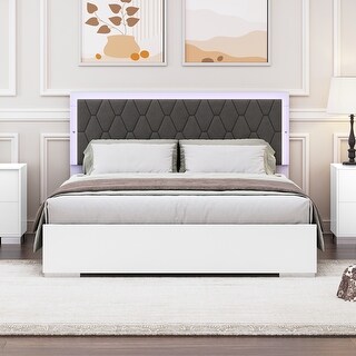 Queen Size Upholstered Bed with LED Light,Modern Platform Bed with with Velvet Headboard