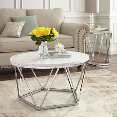 SEI Furniture Henderson Faux Marble Silver Finish Round Coffee Table