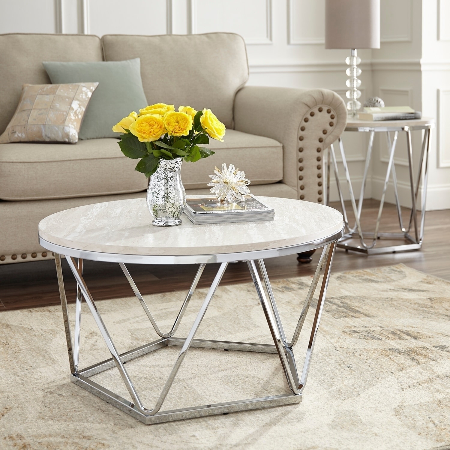 SEI Furniture Henderson Faux Marble Silver Finish Round Coffee Table