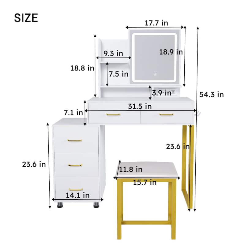 KISRAIS 31.5" Vanity Desk with Brightness Adjust LED Mirror, Cushioned Stool, Power Station, and Hair dryer bracket