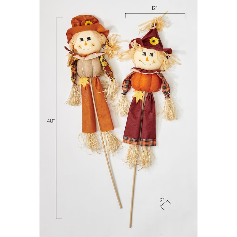 Outdoor 40" Boy & Girl Fall Harvest Scarecrow Yard Stake, Set of 2 - 40