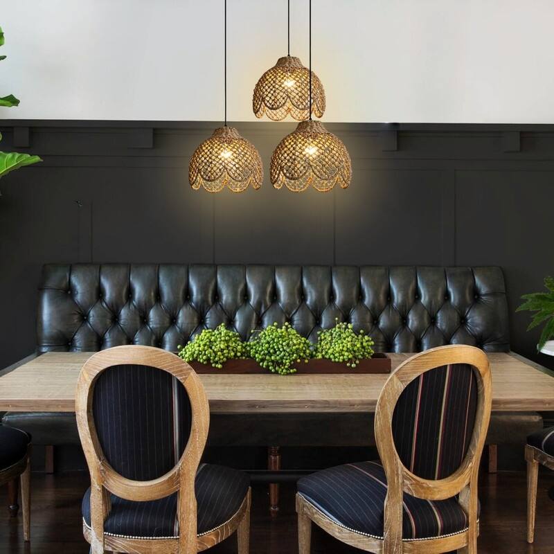 3 Pack hanging light vintage dining room light rattan pendant light