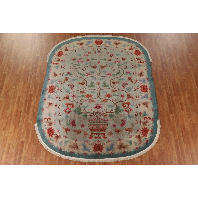 Hand Knotted Oriental 100% Wool Carpet Traditional Floral Green Art Deco Area Rug - 9' 8'' X 7' 11''