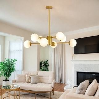 35' Modern 8-Light Gold Chandelier with White Glass Globe Shades, Mid-Century Branching Design, Elegant Ceiling Light Fixture for Dining Room, Living Room, or Bedroom (No Bulbs)