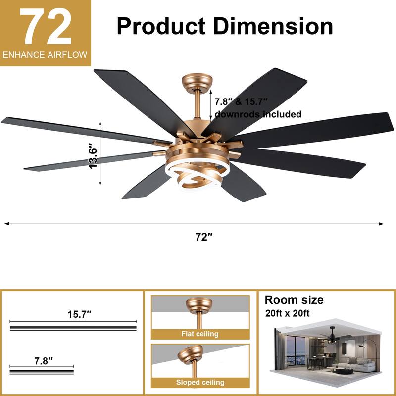 Cusp Barn 52"/72" Modern Large Dimmable LED Ceiling Fan with Lights and Remote, Reversible 8-Blade DC Motor DIY Shape Chandelier