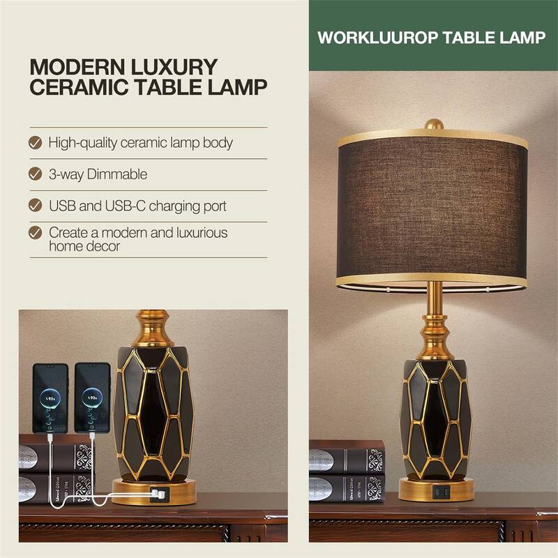 Modern Ceramic Table Lamp with USB Port, Fabric Drum Shade