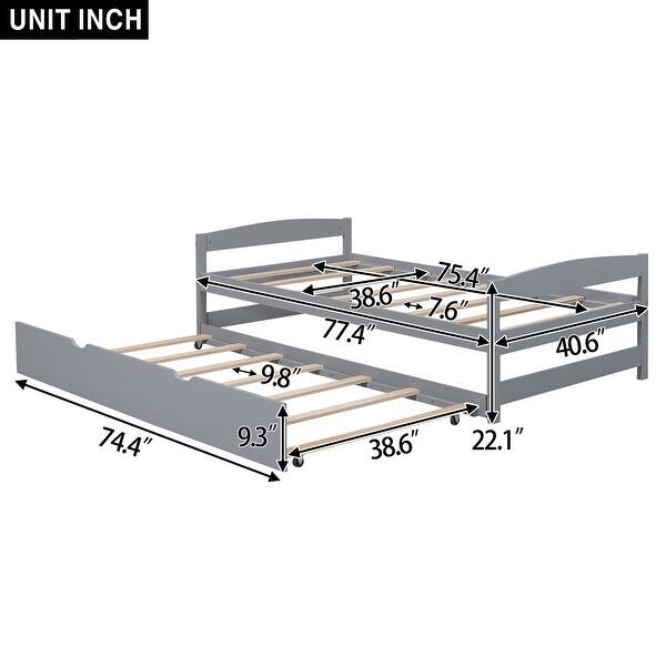 dimension image slide 1 of 2, Twin Platform Bed with Trundle, Grey, Solid Wood Frame, No Box Spring Needed
