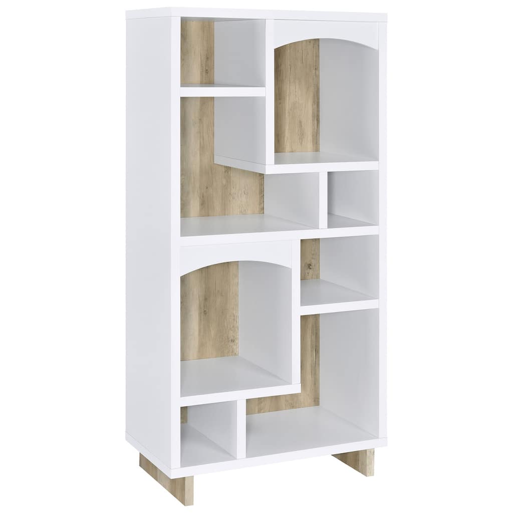 65-Inch 6-Shelf Bookcase White and Distressed Pine Two-Tone Asymmetric Storage with Decorative Display Shelves