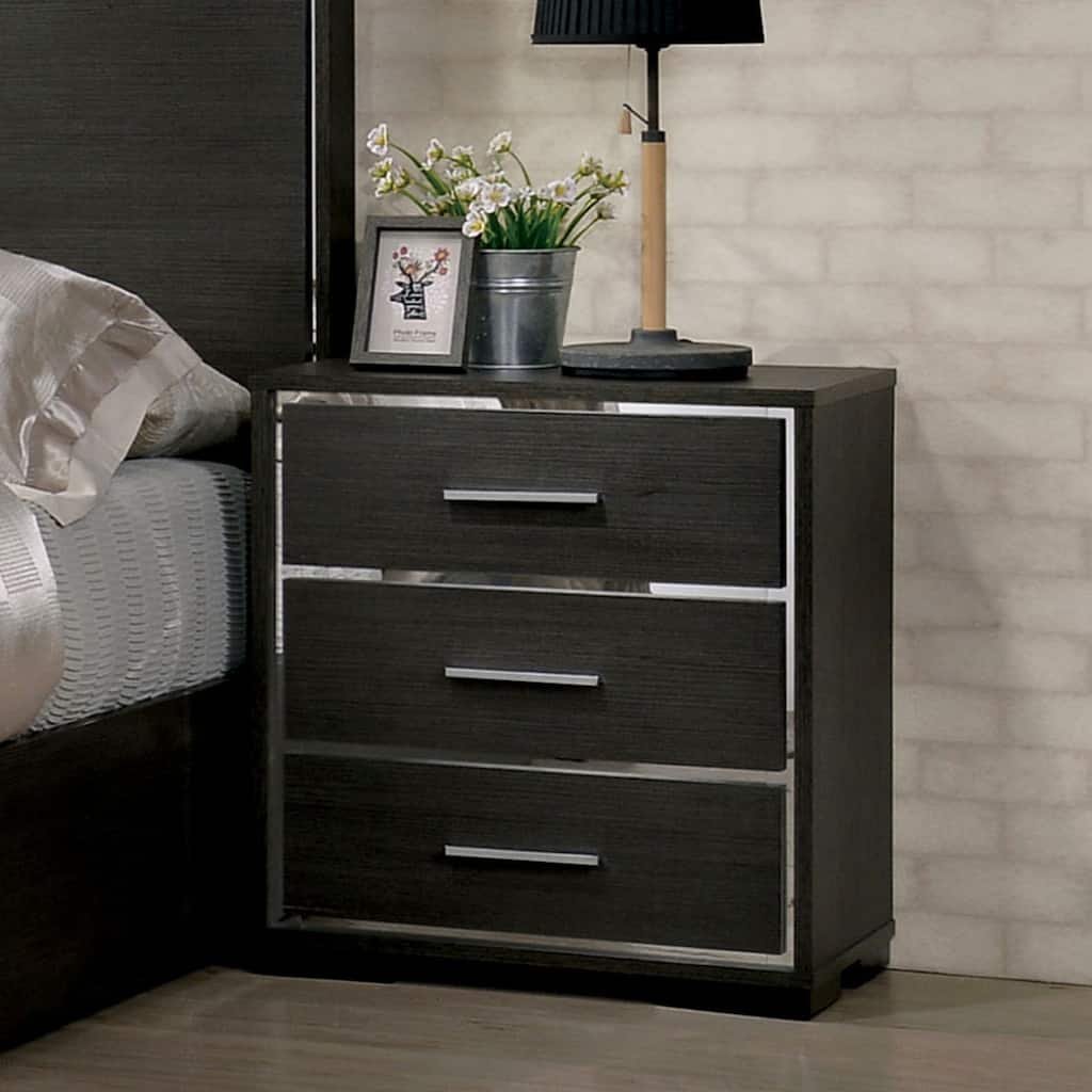 Kastela Contemporary Grey Wood 3-Drawer Nightstand with USB and Chrome Trim by Copper Grove
