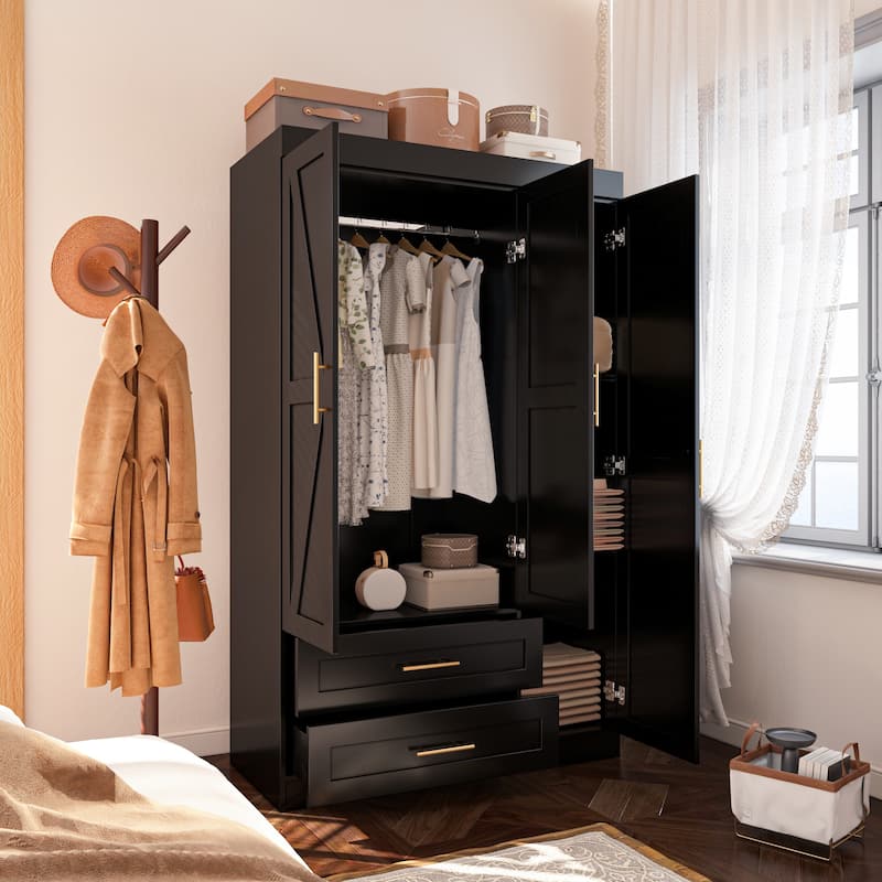 Classic Three-Door Wardrobe,Wood Bedroom Armoire with Hanging Rod and Shelves,Spacious Storage Closet,Modern Farmhouse Design