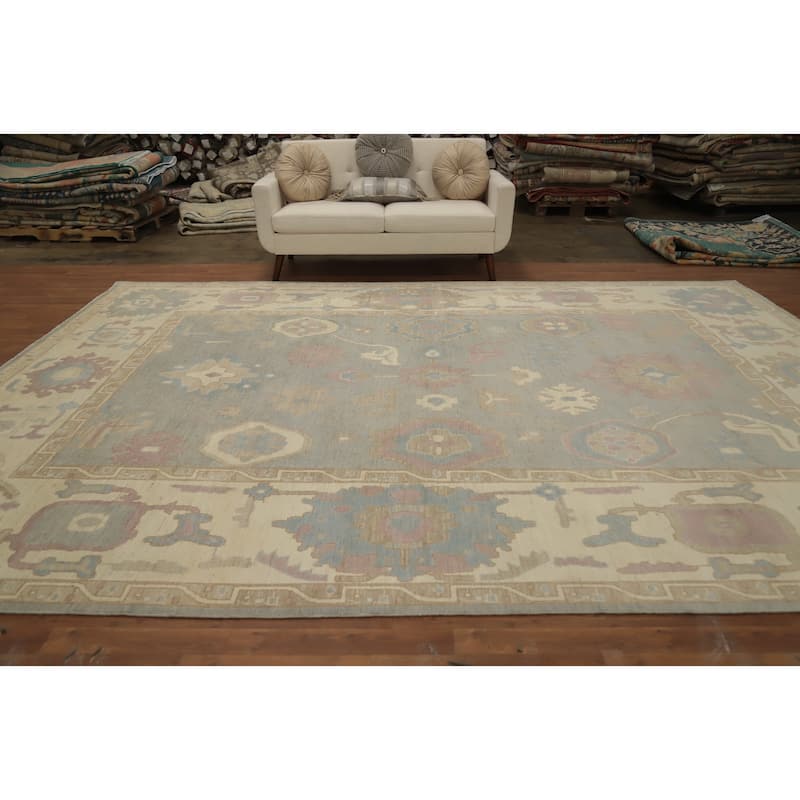 Hand Knotted Oriental 100% Wool Carpet Transitional All-Over Greys & Charcoal Oushak Area Rug - 13' 7'' X 9' 8''
