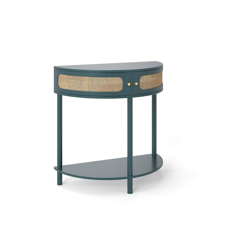 Half Moon Design End Table with Sliding Rattan Door