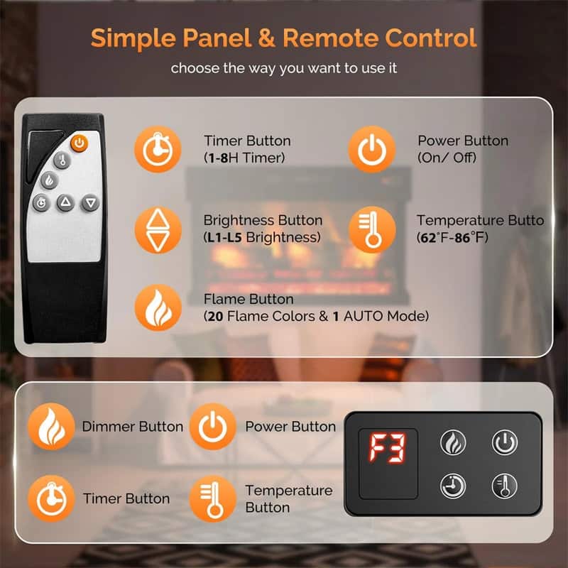 28/36 inch Electric Fireplace Insert 3 Sided View 20 Flame Color Heater