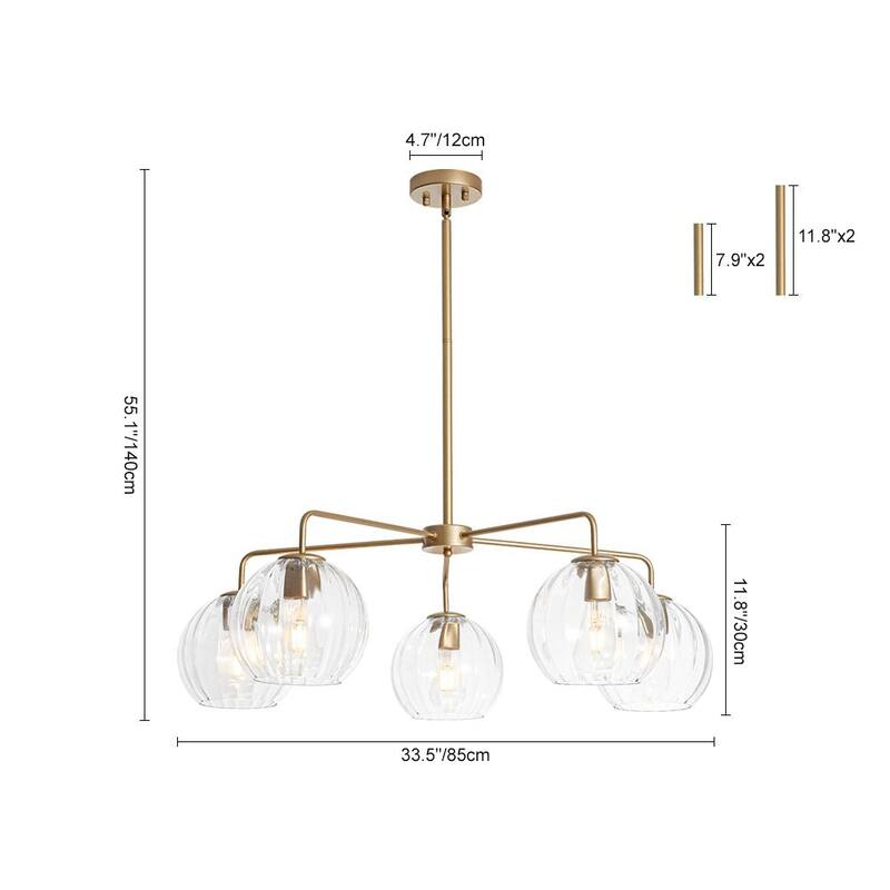 5-Light Modern Linear Clear Glass Sphere Chandelier for Dining Room - 33.5 in