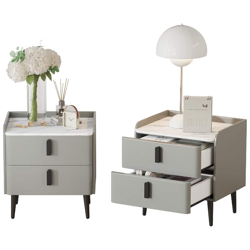 Nightstands Set of 2: 2-Drawer Marble-Pattern Top Modern Bedside/End Table - Gray