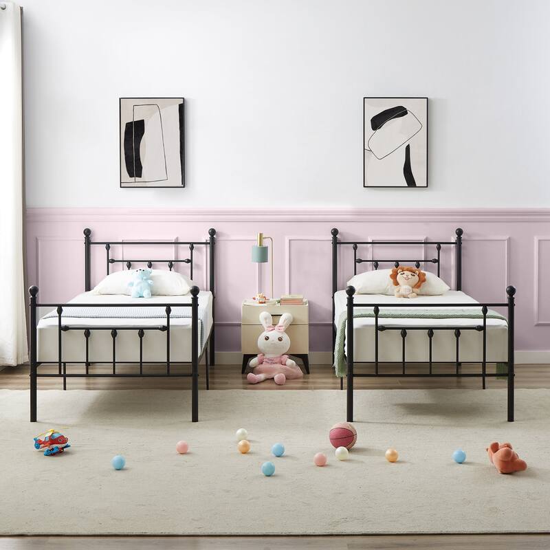 VECELO Metal Platform Bed Frame with Headboard and Footboard, Heavy Duty Slat Support/Underbed Storage Space, Victorian Style