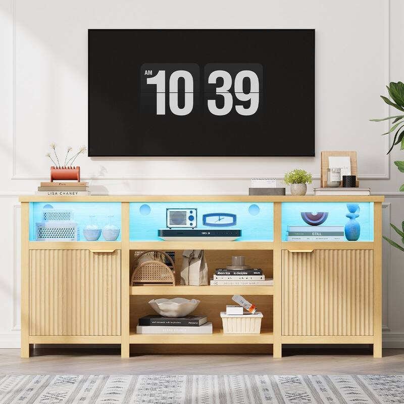 Gyomojoy 71" LED Farmhouse TV Stand for 75-85 Inch TV, Modern Boho Media Console with RGB Lights, 2 Doors & Adjustable Shelves.
