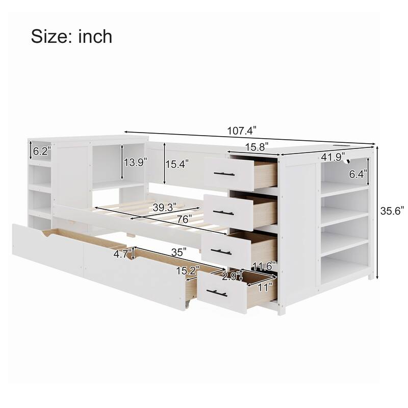 White Twin Size Daybed with Desk and Charging, Space-Saving Wooden Storage Bed Frame with Drawers and Side Shelves