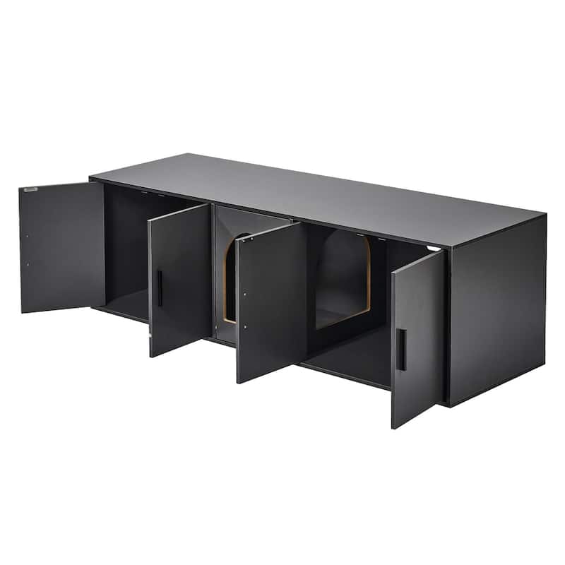 57.9" Black Cat Litter Box Enclosure Furniture Hidden with 5 Doors Suitable for Any Room