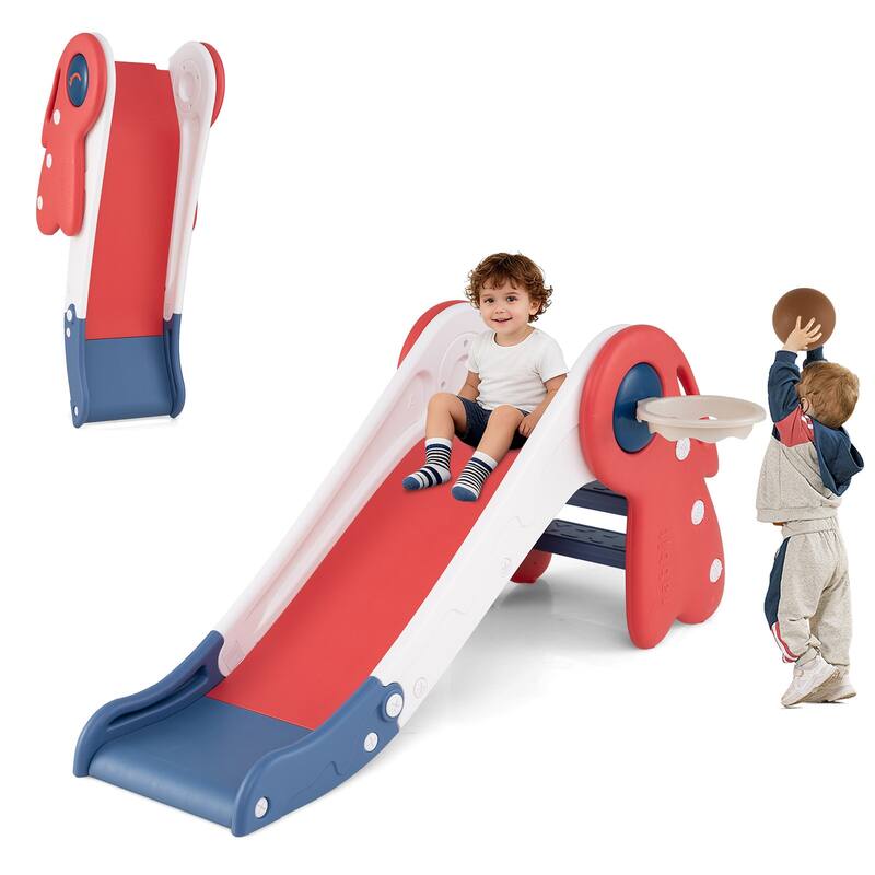 Gymax 3 in 1 Toddler Slide w/Basketball Hoop & Basketball Foldable - Red