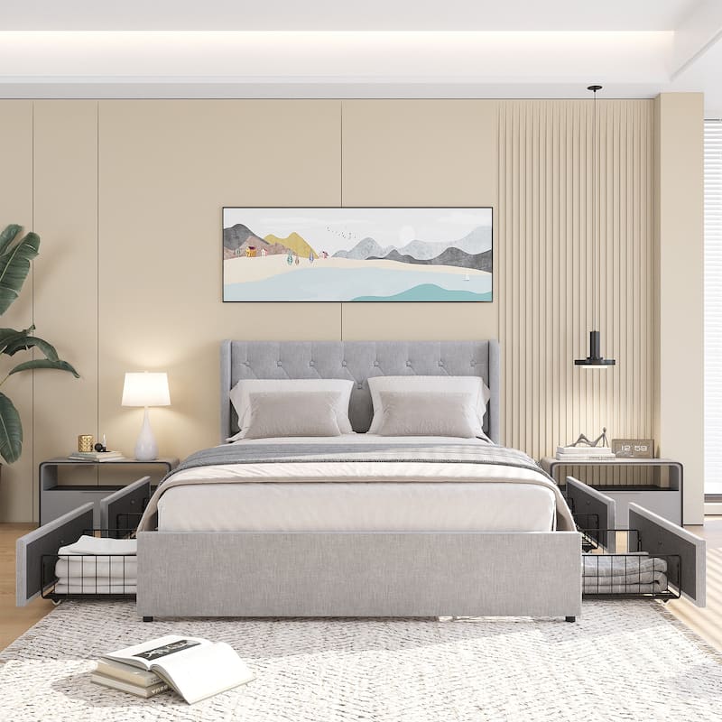 Bed Frame with Storage Drawers and Wingback Headboard
