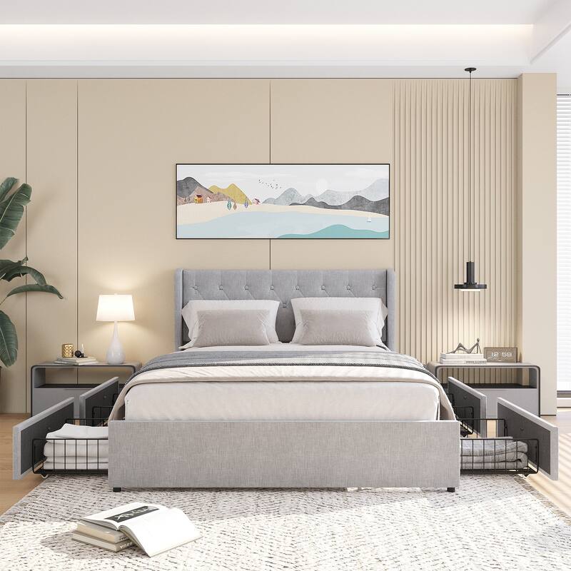 Queen Size Bed Frame with 4 Storage Drawers and Wing back Headboard, Button Tufted Design