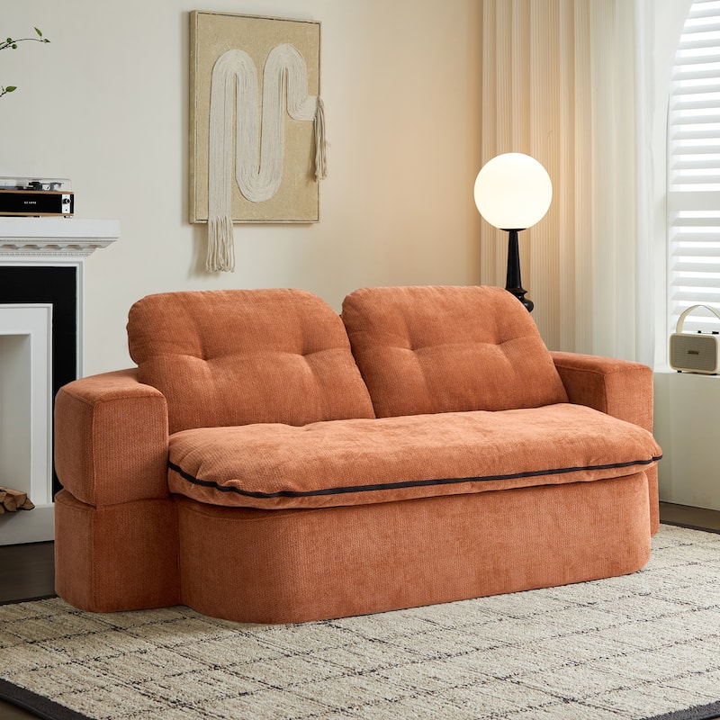 Modern Floor Sofa With 2 Pillows,Convertible Corduroy Fabric Foam-Filled Sleeper Sofa Bed - Caramel