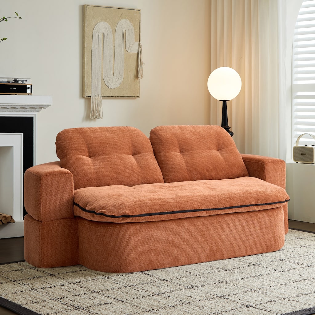 Modern Floor Sofa With 2 Pillows,Convertible Corduroy Fabric Foam-Filled Sleeper Sofa Bed