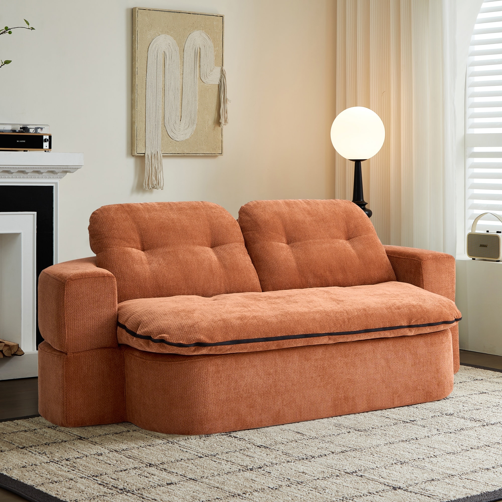 Modern Floor Sofa With 2 Pillows,Convertible Corduroy Fabric Foam-Filled Sleeper Sofa Bed