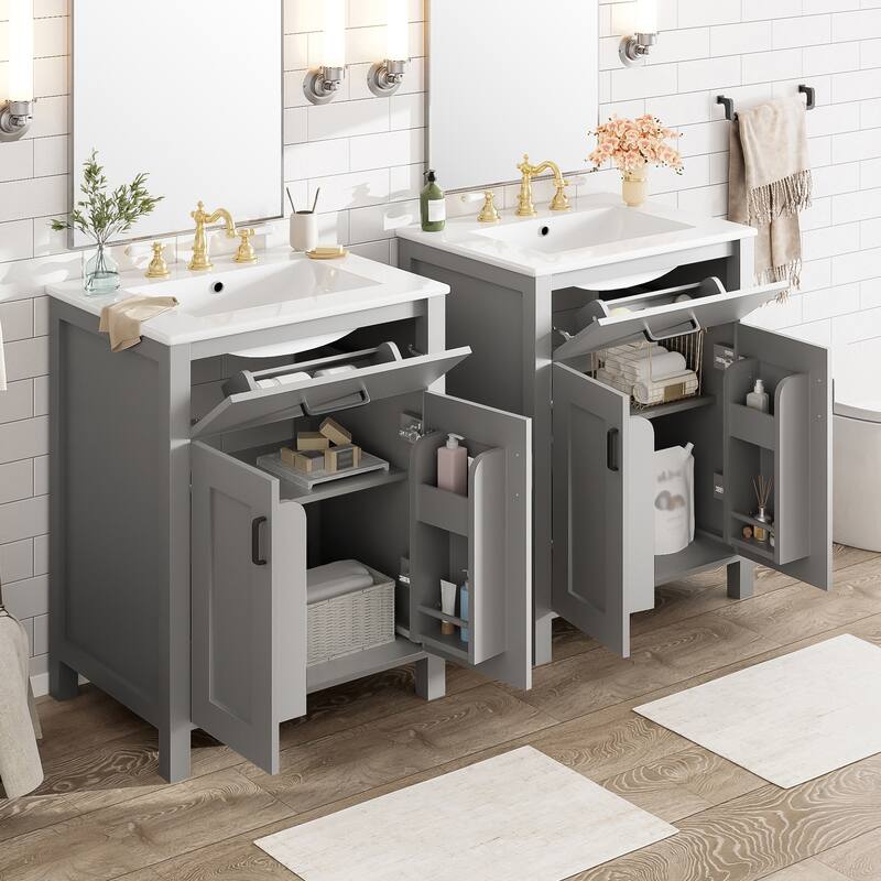 Modern 48" Bathroom Vanity with Ceramic Sink, Soft-Close Doors, Flip Drawer, Double-Layer Door Shelves, Elegant Storage Solution