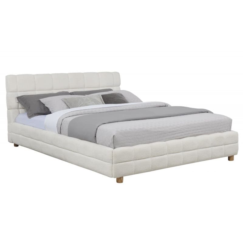 Queen Size Platform Bed with Fleece Upholstery and Grid-Patterned Headboard, White